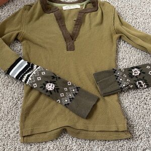 Free People Olive Green Henley Top with Patterned Sleeves